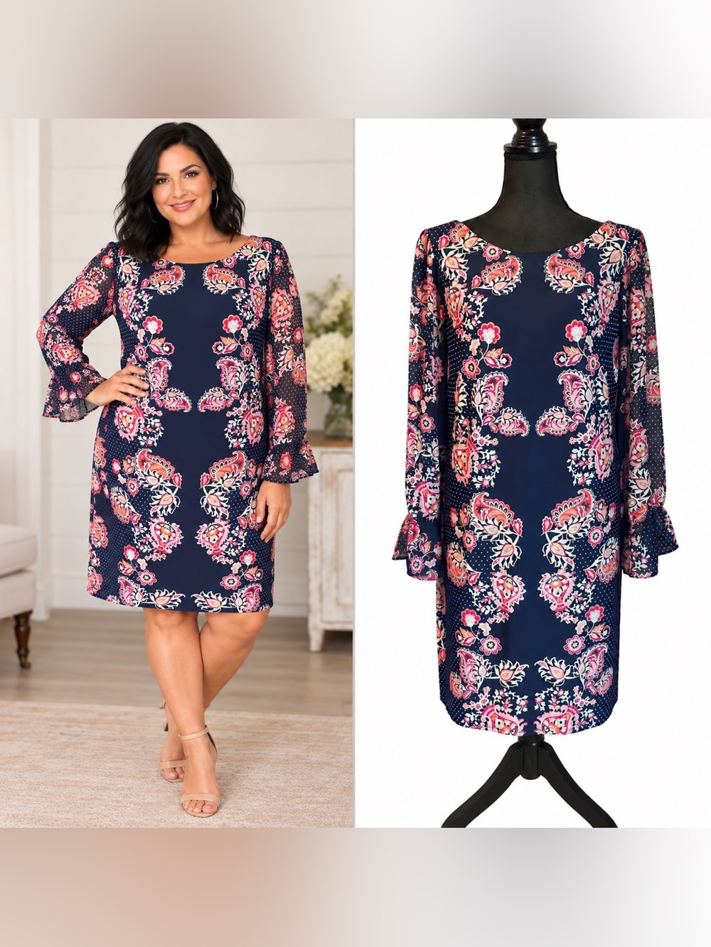 Vince Camuto Navy Floral Paisley Shift Dress Women’s Size 14 Boho Cottage Chic